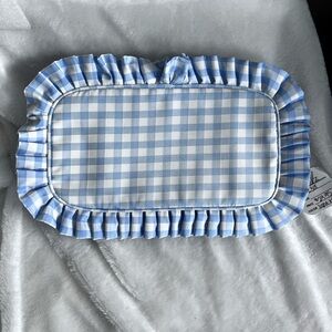 Blue and white gingham ruffle trim makeup bag